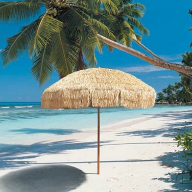 an umbrella sitting on top of a sandy beach next to the ocean and palm trees