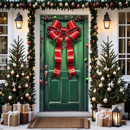 a green front door decorated with christmas decorations