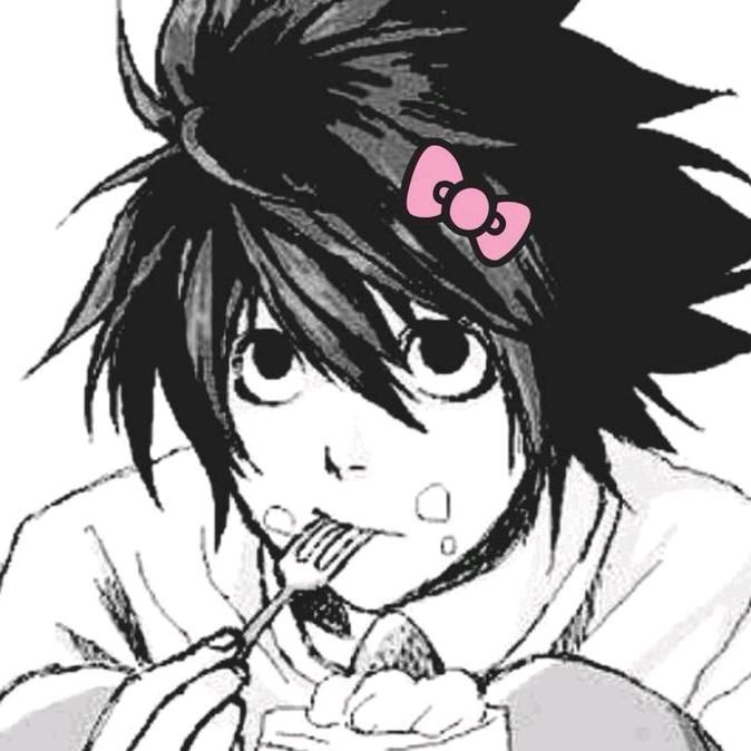 an anime character with black hair and a pink bow on her head is eating food