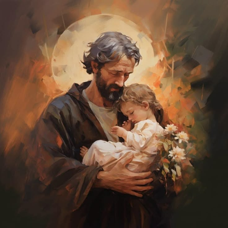 a painting of jesus holding a child