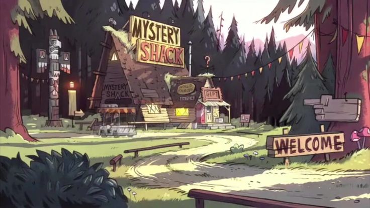 a cartoon car driving past a sign that says mystery shack in front of some trees