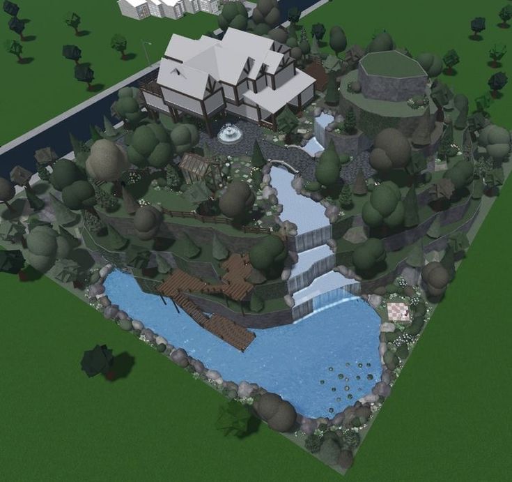 an artist's rendering of a house in the middle of a park with a pond