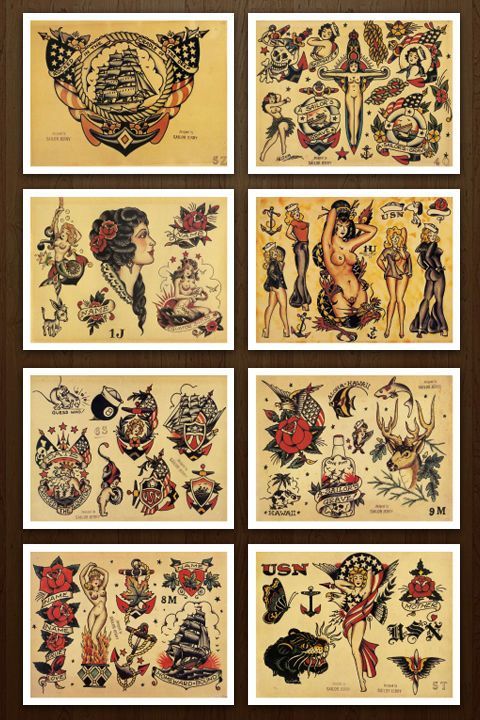 six framed pictures with different tattoos and designs on them, all in brown wood frame