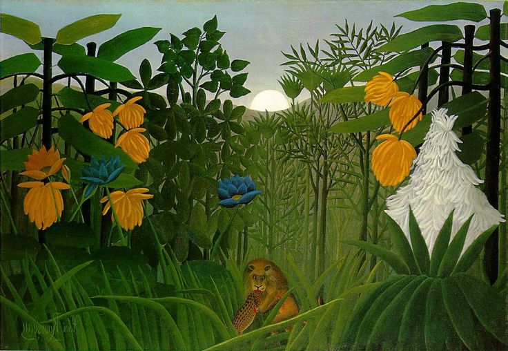 an image of a jungle scene with animals and flowers