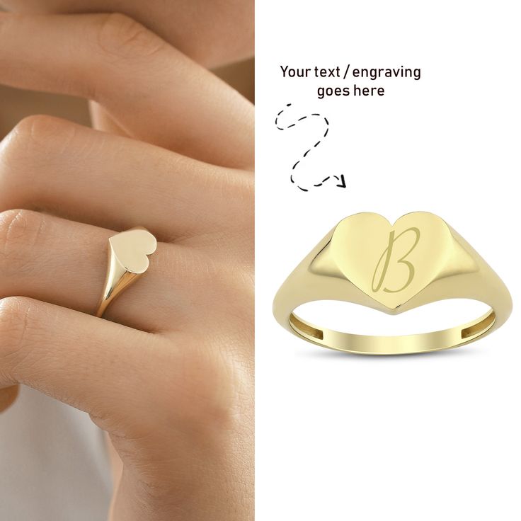 Give your loved one this stunning personalized 14k Gold Dome Heart Initial Ring, the perfect gift for anyone. This Ring features a clear heart shaped surface in the center of the design, which makes it great for engraving. One letter or number combination can be stamped on the ring if you want. Please note your personalization during checkout. ◖ P R O P E R T I E S ◗ * Material: 14k Yellow Gold, 14k White Gold ◖ D I O N J E W E L ◗ ‣ 14K REAL GOLD ‣ EXPRESS DELIVERY IN 1-3 DAYS* ‣ HANDMADE ONLY Personalized 14k Gold Signet Ring For Anniversary, Yellow Gold Rings For Birthday Or Valentine's Day, Personalized Sterling Silver Heart Ring For Valentine's Day, Personalized Gold Heart Ring For Anniversary, 14k Stamped Jewelry For Valentine's Anniversary, Personalized 14k Gold Heart Ring Fine Jewelry, Gold Engraved Ring For Valentine's Day Gift, Personalized Yellow Gold Heart Ring In Sterling Silver, Personalized Yellow Gold Heart Ring In Fine Jewelry Style