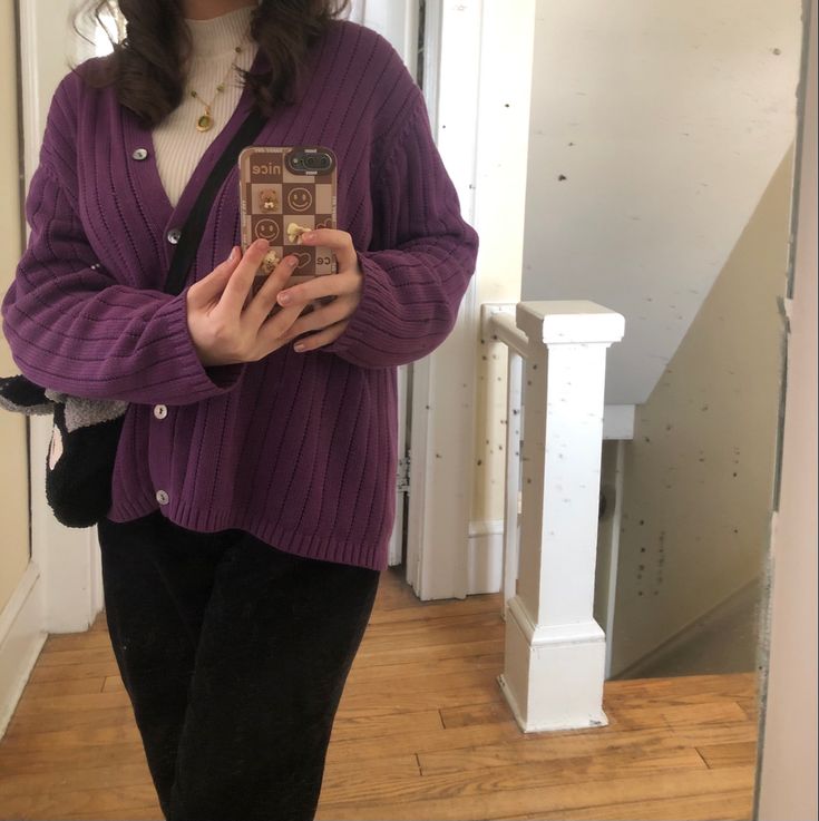 Purple Cardigan Aesthetic, Plum Cardigan Outfit, Dark Purple Cardigan Outfit, Purple Sweater Outfit Aesthetic, Purple Cardigan Outfits Aesthetic, Dark Purple Jacket Outfit, Plum Purple Outfit, Purple Outfits Casual, Dark Purple Sweater Outfit