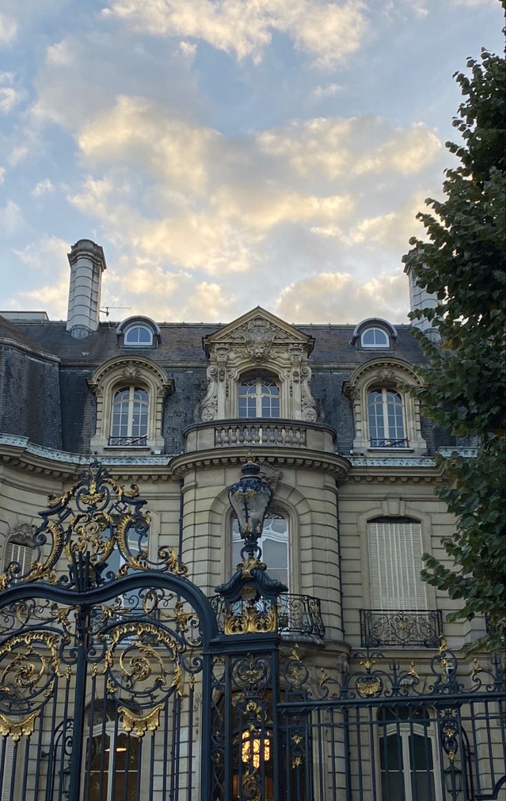 an iron gate in front of a large building