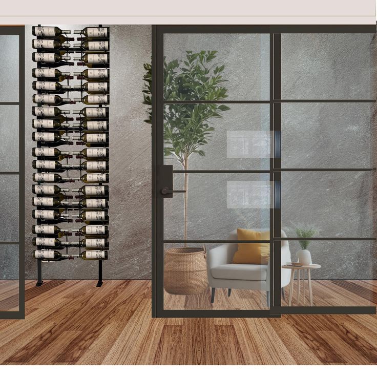 a wine rack in the corner of a room