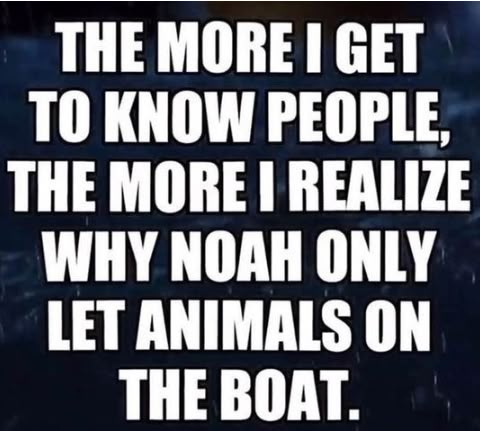 a boat floating on top of the ocean with a caption that reads, the more i get to know people, the more i really realize why noah only let animals on the boat