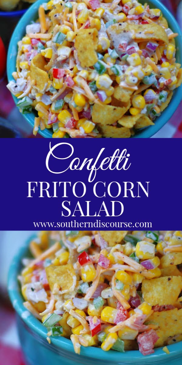 corn and potato salad in two blue bowls with text overlay that reads confetti frito corn salad