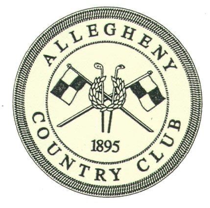 an emblem for the alleghan country club, with two crossed swords and flags