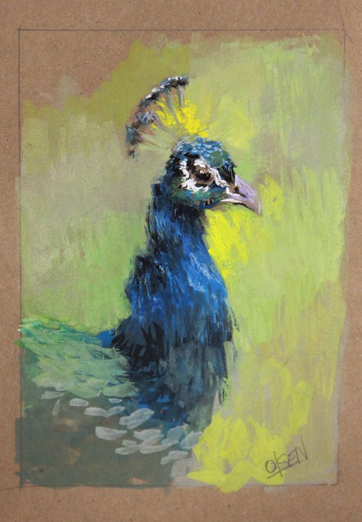 a painting of a blue bird with yellow background