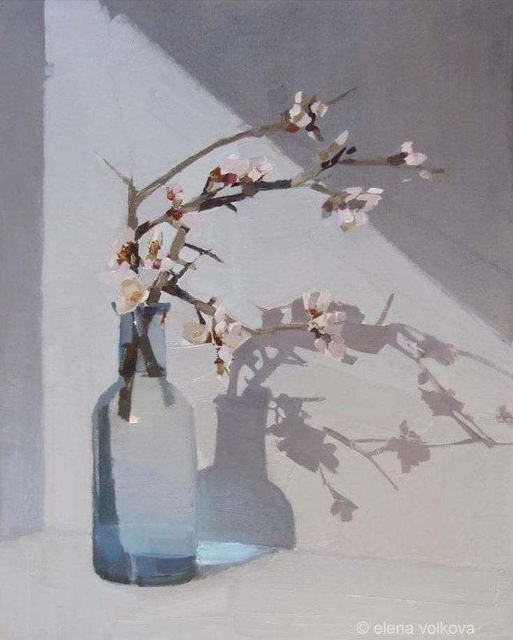 a painting of a blue vase with flowers in it on a white table top next to a wall