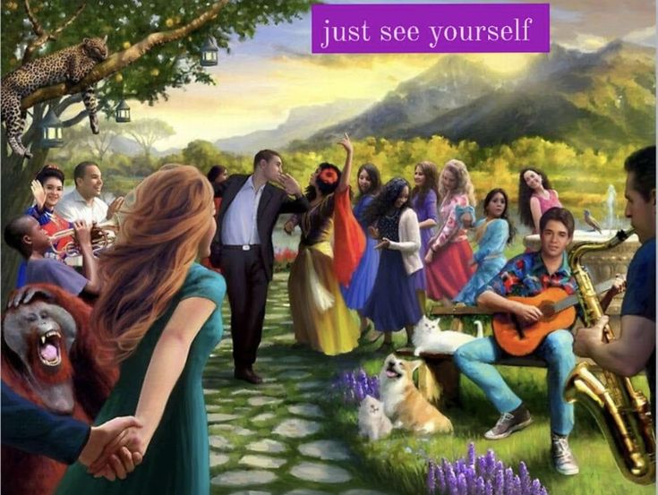 there is a painting of people and dogs in the park with one woman playing guitar