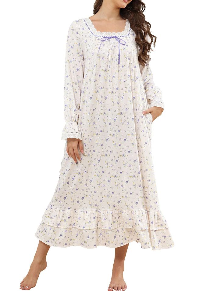 PRICES MAY VARY. 【Soft Cotton Long Nightgown】This knit elegant nightwear is made of 95% cotton and 5% spandex that is light and stretchy without feeling flimsy or deform. This roomy nightgown just might be the most comfortable nightgown you’ve ever worn. 【Victorian Sleep Gown Design】The retro sleepwear feature classic square neck with lace up, long sleeve, elasticband narrow cuffs, delicate lace trim at neckline and cuffs, ankle length, 2 side pockets, double ruffle hem, add to the romance of th Elegant Nightwear, 70s Nightgown, Knit Nightgown, Long Sleep Dress, Edwardian Nightgown, Cute Nightgowns, Victorian Nightgown, Cotton Nighties, Sleep Gown