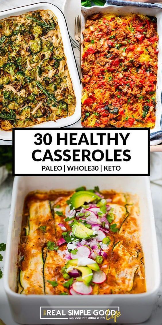 healthy casserole dishes with text overlay that reads 30 healthy casseroles pale whole 10 keto