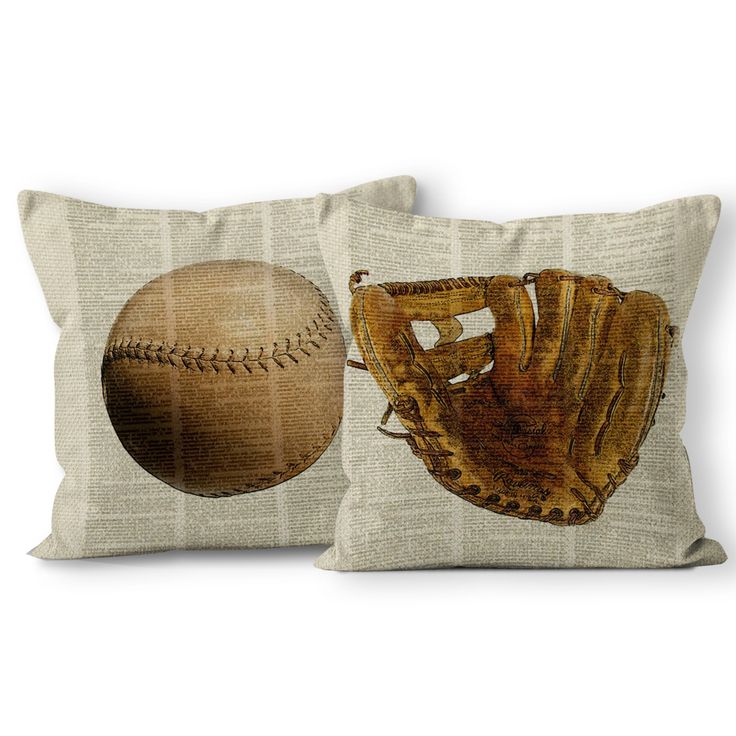 two pillows with baseballs and a ball on the front one has a white background