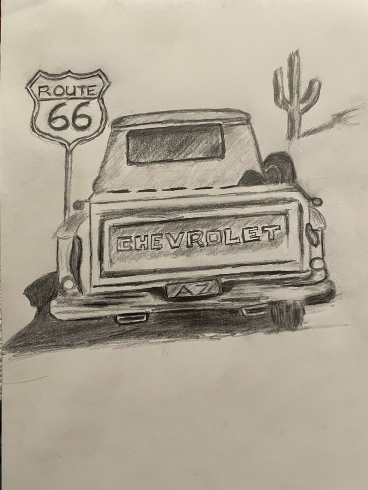 a drawing of an old chevrolet truck next to a route 66 sign in the desert