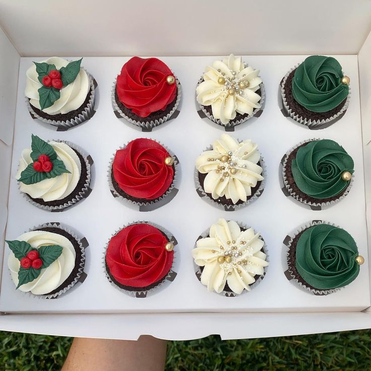 twelve cupcakes with red, white and green frosting in a box on the grass