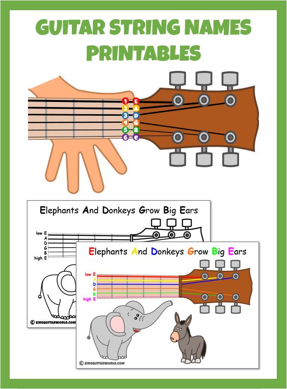 the guitar string names printable worksheet is shown with an elephant and donkey