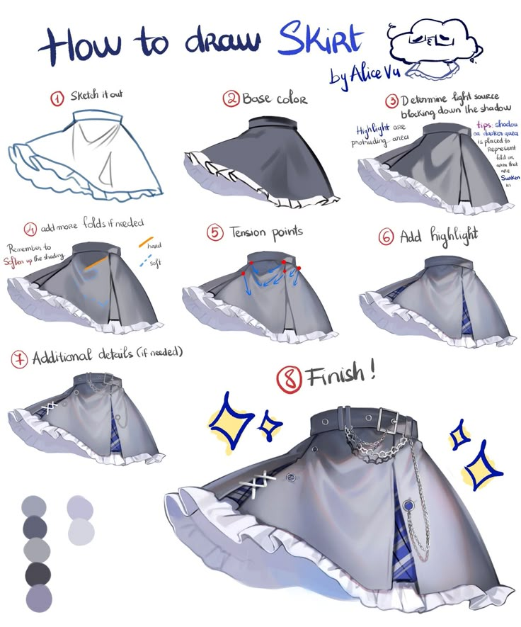 an image of how to draw skirt with instructions on the bottom and side, in different ways