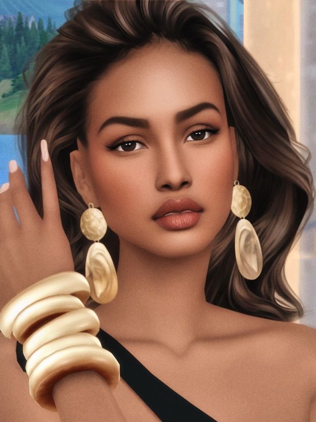 a painting of a woman wearing gold earrings and a black one - piece dress with her hand on her shoulder