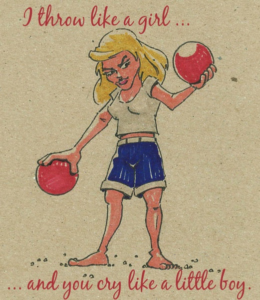 a drawing of a girl holding a ball and a frisbee in her hand