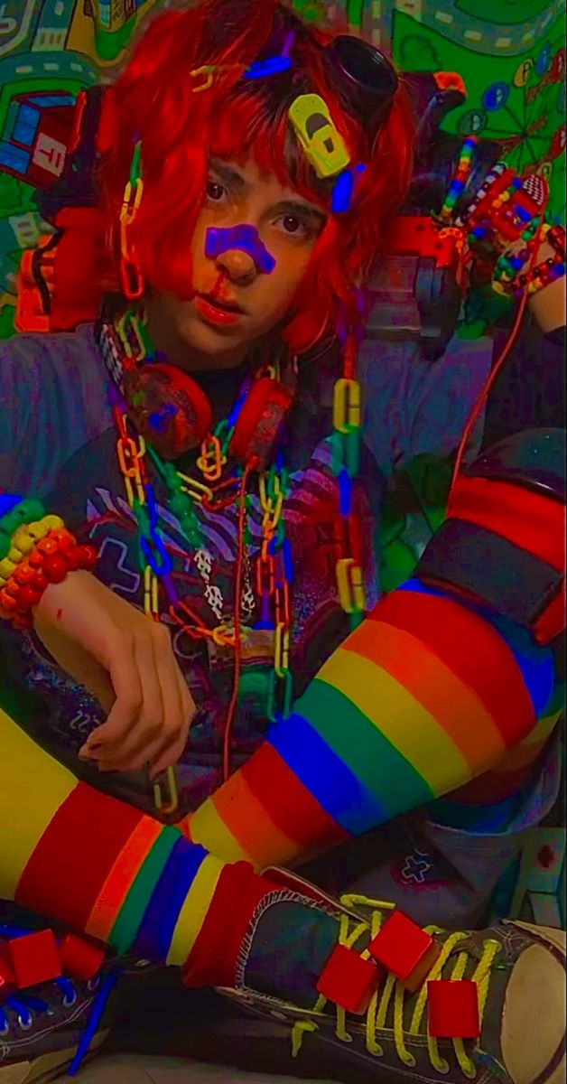 Decora Core Aesthetic, Clowncore Fashion Men, Rainbow Punk Outfit, Kidcore Clowncore Outfits, Glitch Core Outfits, Hyperpop Aesthetic Outfit, Decora Fashion Outfits Male, Hyperpop Clothes, Wierd Core Outfit