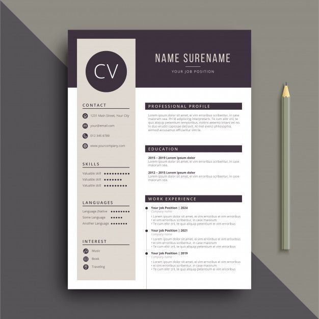 a professional resume template with black and white accents on the front, gray background and a pencil