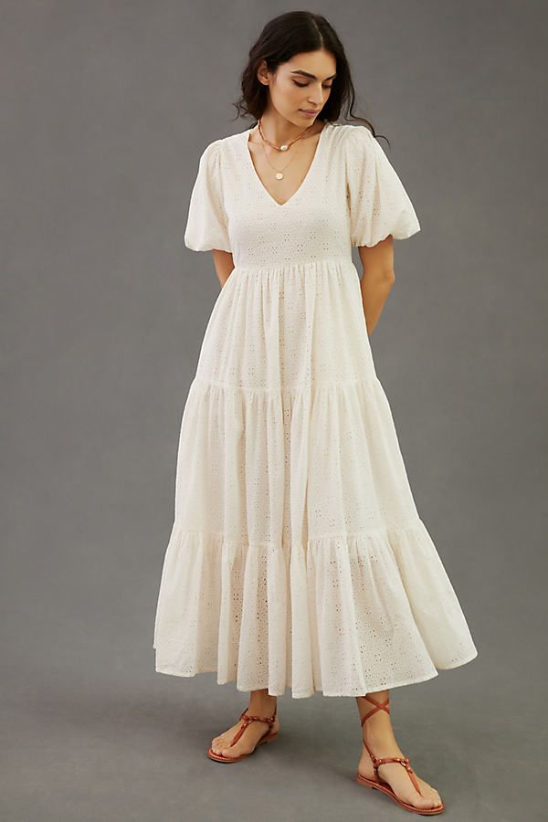 * Cotton * Puffed sleeves * Pullover styling * Dry clean * Imported Mother Dresses, Short Maxi Dress, Mothers Dresses, Mother Denim, Tiered Maxi Dress, Eyelet Dress, Puffed Sleeves, Anthropologie Dress, White Maxi Dresses