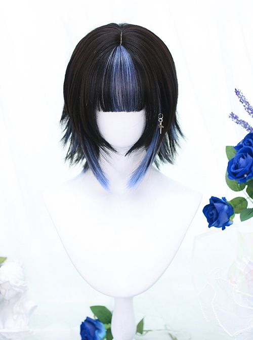 Cute Wigs Short, Cute Short Wigs For Black Women, Black And Colored Hair Short, Short Hair Tied Back, Blue And Black Short Hair, Blue And Black Hair Short, Lolíta Hairstyle, Black Hair Combos, Neapolitan Hair Color