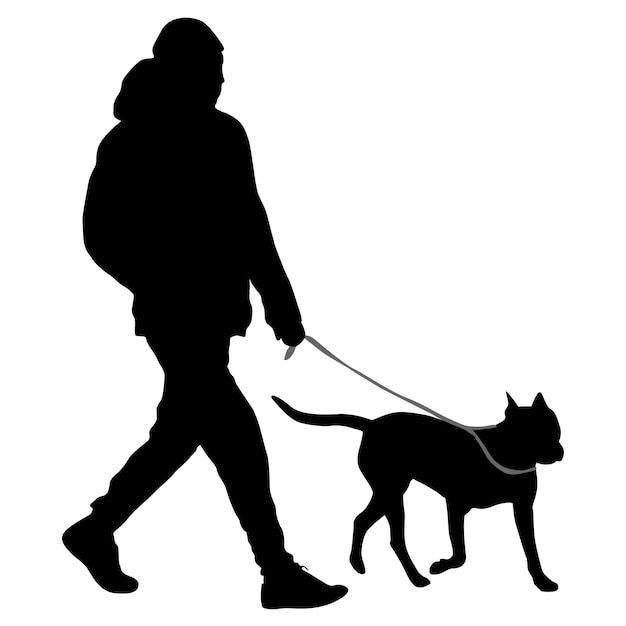 a man walking his dog on a leash silhouetted against a white background in black