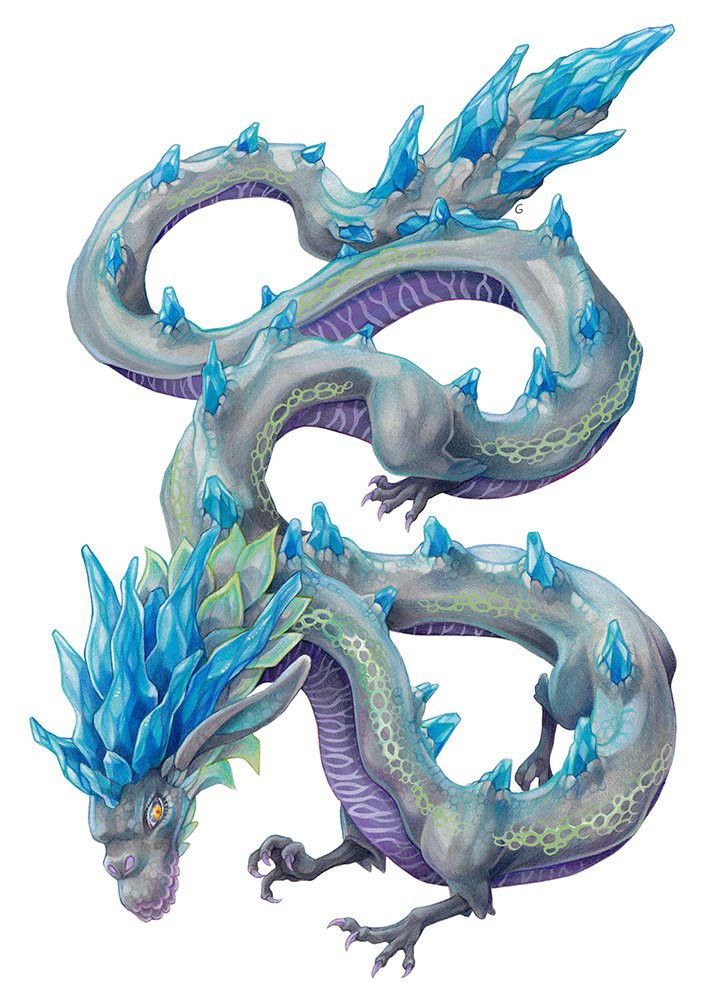 a blue and green dragon statue sitting on top of a white wall