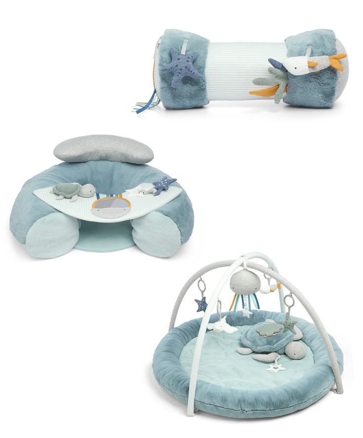 two baby cribs that have stuffed animals on them, one is blue and the other is white