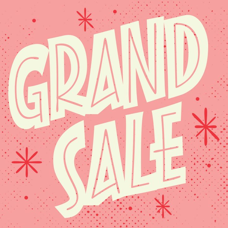 the words grand sale are in white letters on a pink background with snowflakes