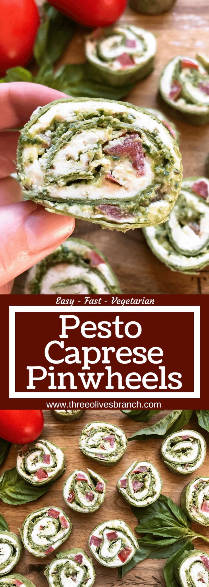 pesto caprese pinwheels with text overlay