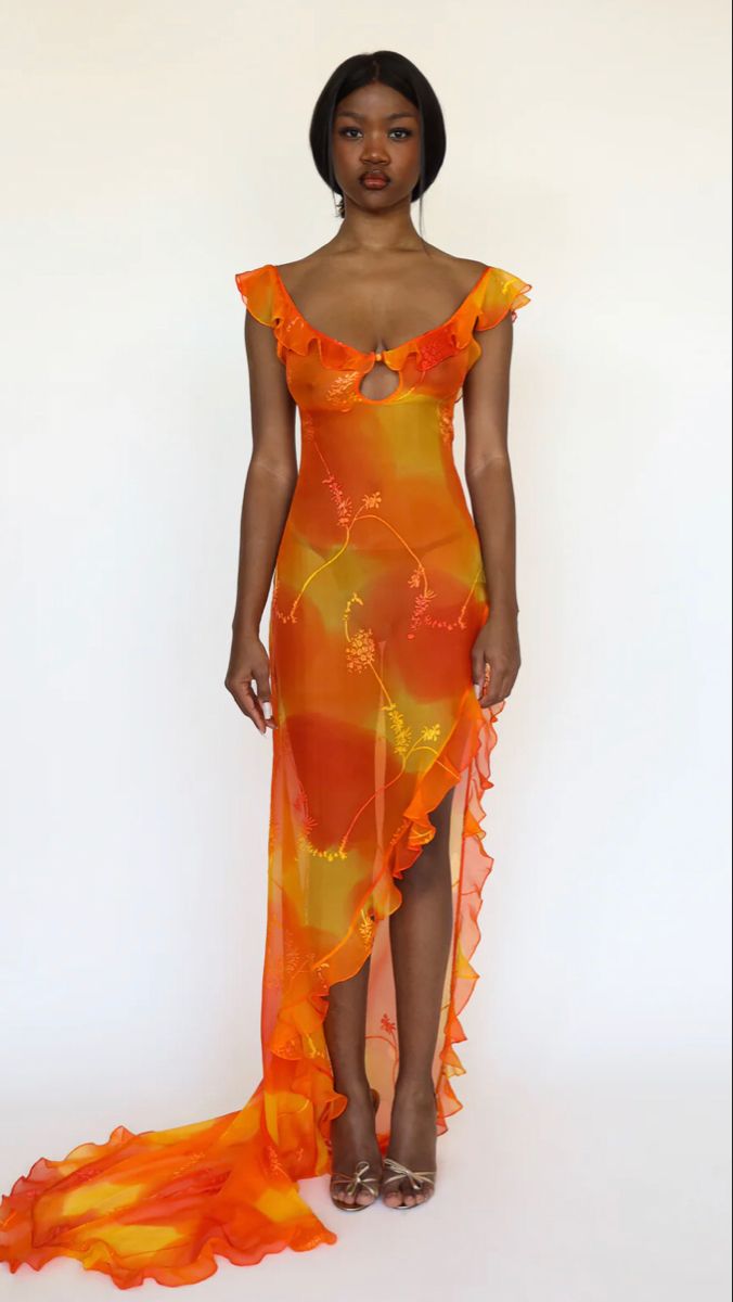 Sunset Gown, Sunset Dress, Mirror Palais, Long Summer Dresses Maxi, Painted Fabric, Mesh Fashion, Sheer Gown, Hand Painted Fabric, Tv Show Outfits