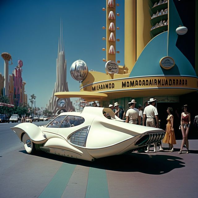 an old time car is parked in front of a building with people standing around it