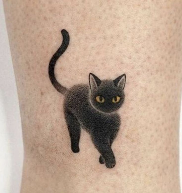 a black cat with yellow eyes is on the leg