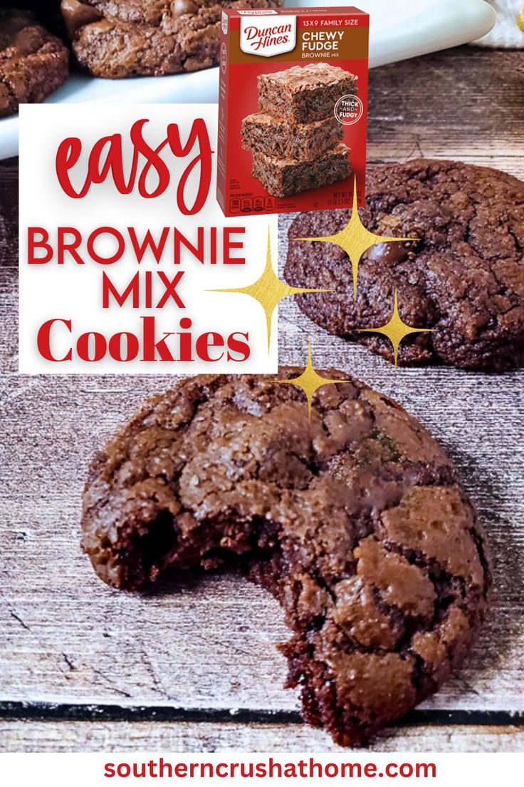 chocolate brownie mix cookies on a wooden table next to a sign that says easy brownie mix cookies