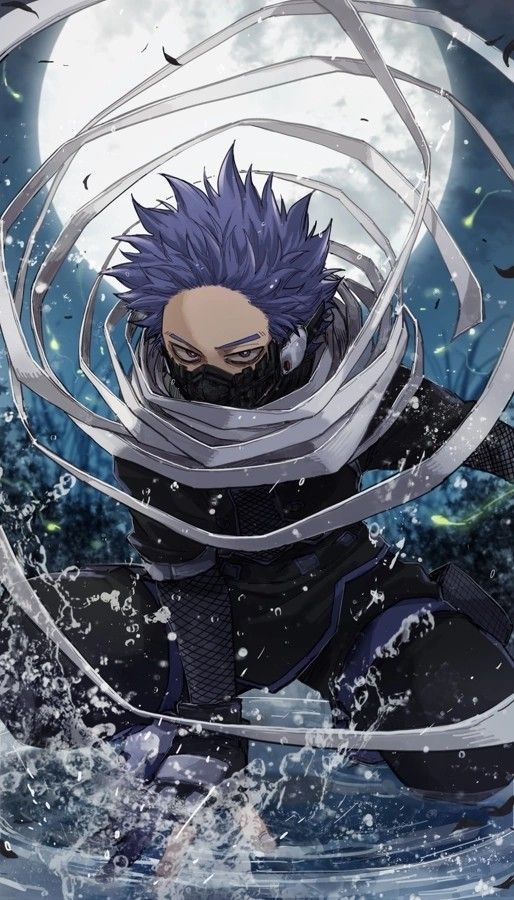 an anime character with purple hair and blue eyes standing in the water, surrounded by white lines