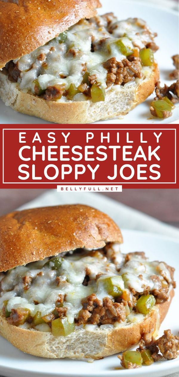 an easy phil cheese steak sloppy joes sandwich on a white plate with the title above it