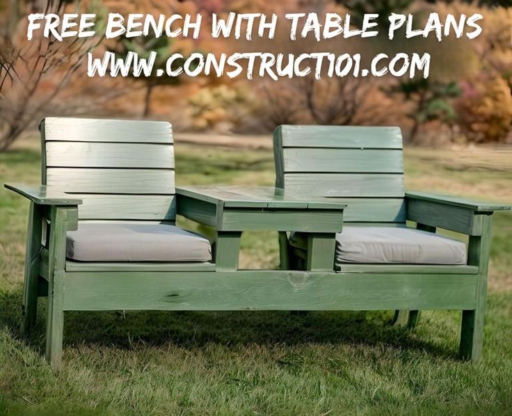 two wooden chairs sitting next to each other on top of a grass covered field with text overlay that reads free bench with table plans