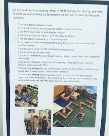 a sign describing the benefits of building blocks for children to play with in their classroom