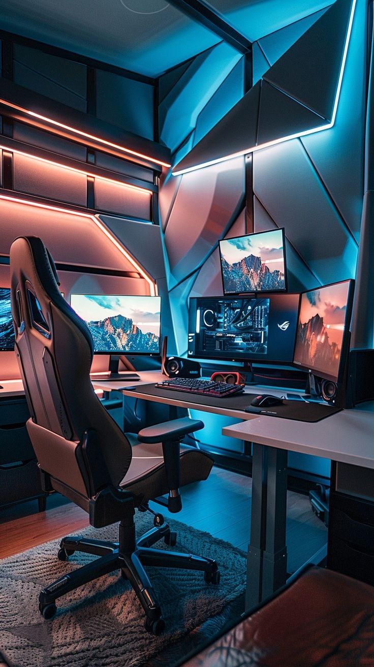 Modern gaming room with professional chair and desk setup, illuminated by vibrant blue light. Futuristic design featuring multiple monitors for an immersive gaming experience. Expensive Gaming Setup, Gaming Room Setup Aesthetic, Room Setup Aesthetic, Game Desk, Gaming Environment, Small Game Rooms, Modern Restaurant Design, Game Setup, Futuristic Space