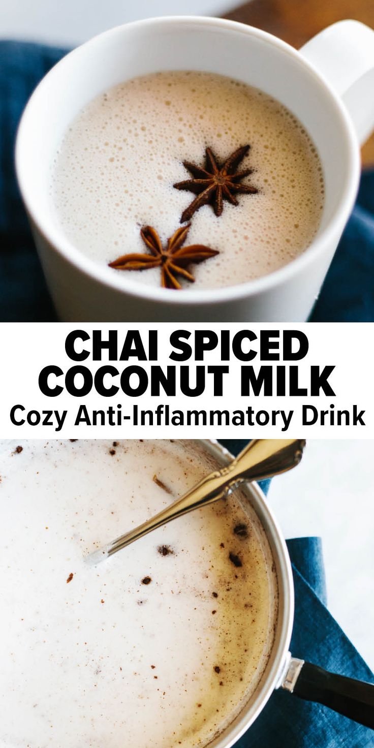 chai spiced coconut milk in a white cup with anisette and cinnamon on top