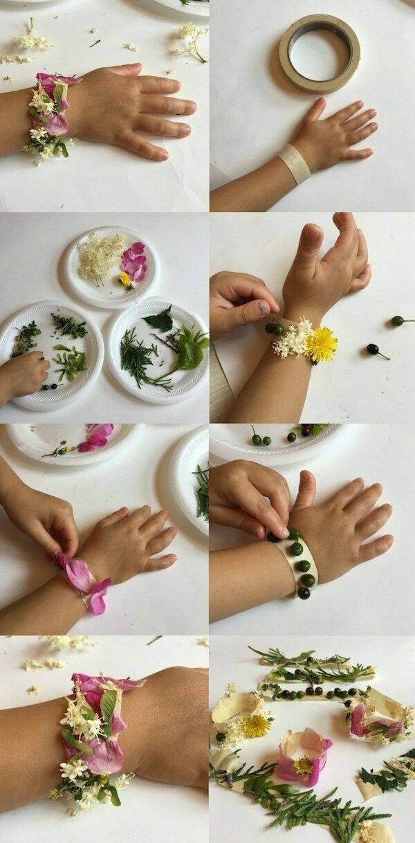 the process of making flower bracelets is shown in four different pictures, including hands and flowers