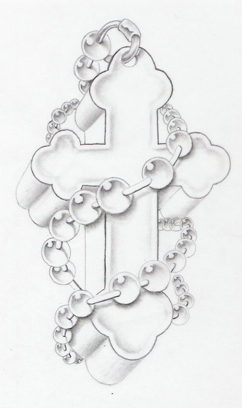 a drawing of a cross with hearts and chains on it's sides, in the shape of a heart