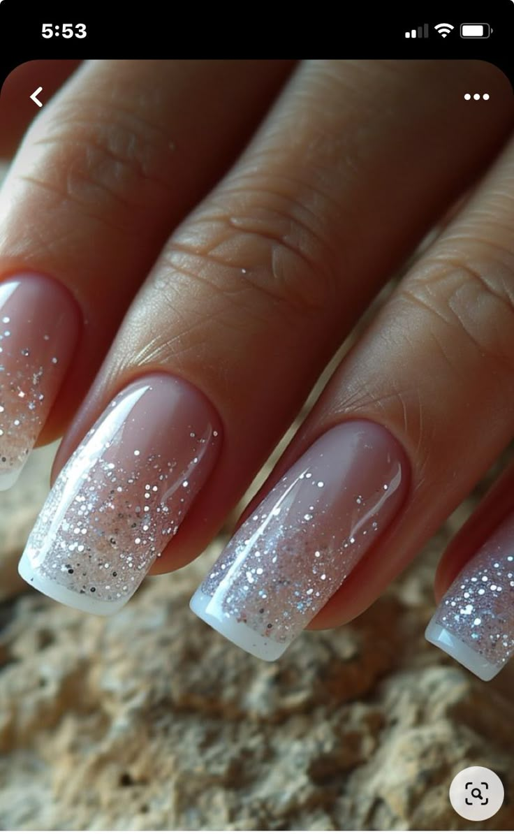 Nye Sparkle Nails, French Nails And Glitter, Nail Ideas For Mother Of The Groom, Silver Christmas Nail Ideas, White French Manicure With Glitter, Wedding Sns Nails, Nails For Mother Of The Groom, Sparkling French Tip Nails, White Sparkle Nails Glitter