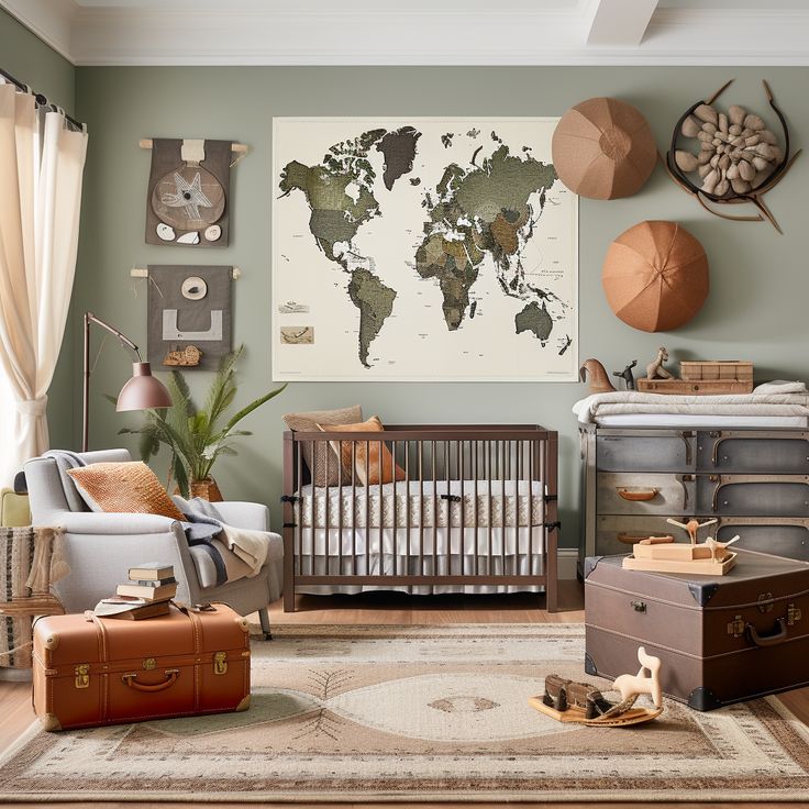 a baby's room with a map on the wall and suitcases in front of it